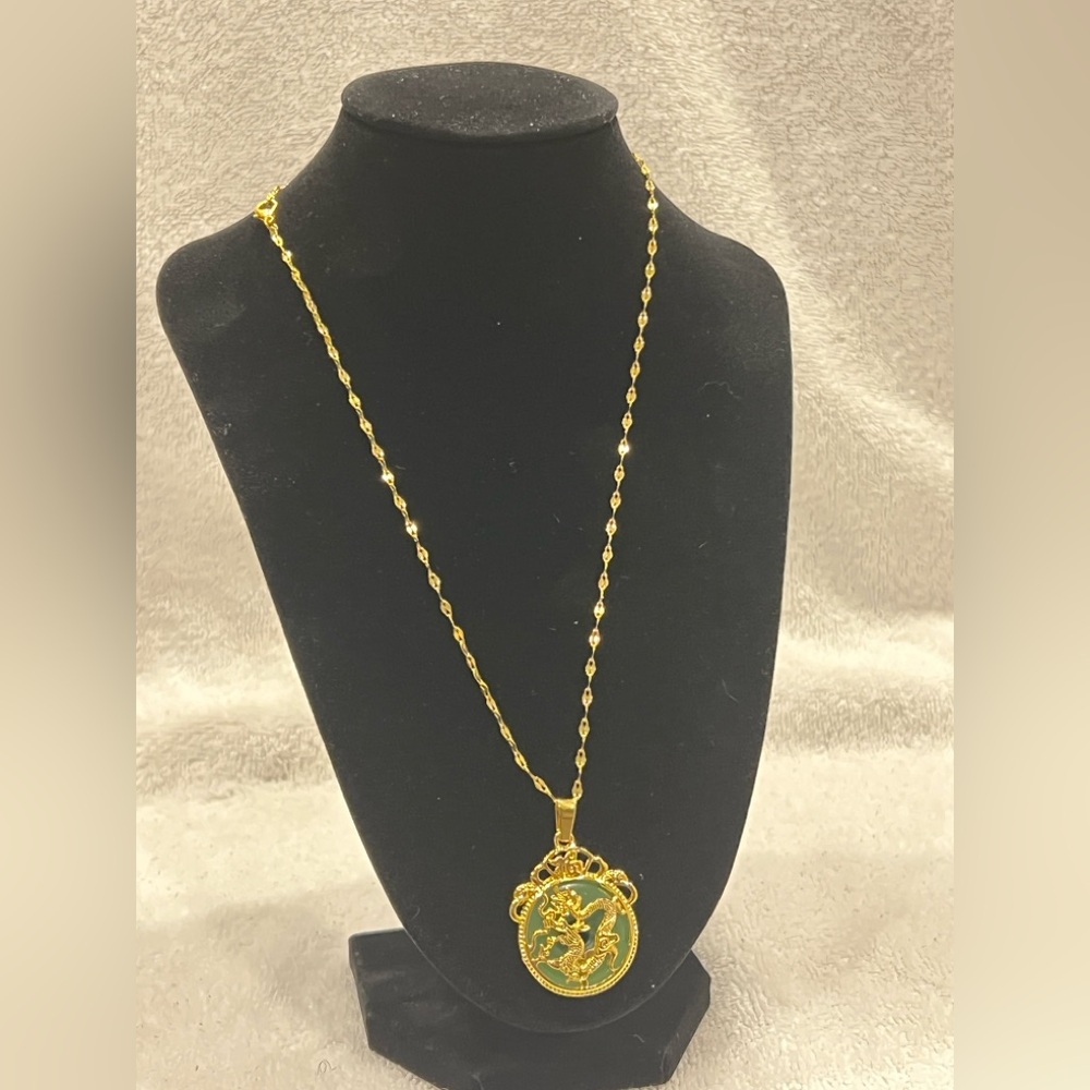 Elegant Jade Dragon Pendant & 19” Gold-tone Necklace